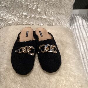 Nine West Black Fuzzy Mules with Gold Chain